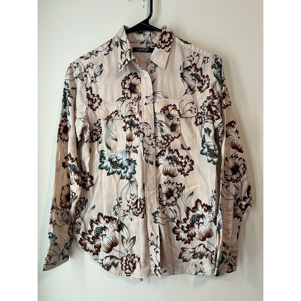Lauren Ralph Lauren Button Down Shirt Petite Medium Pink Floral Lightweight‎